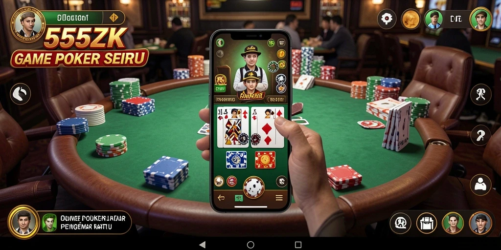 Screenshot gameplay 555ZK menunjukkan aksi Poker yang mendebarkan.