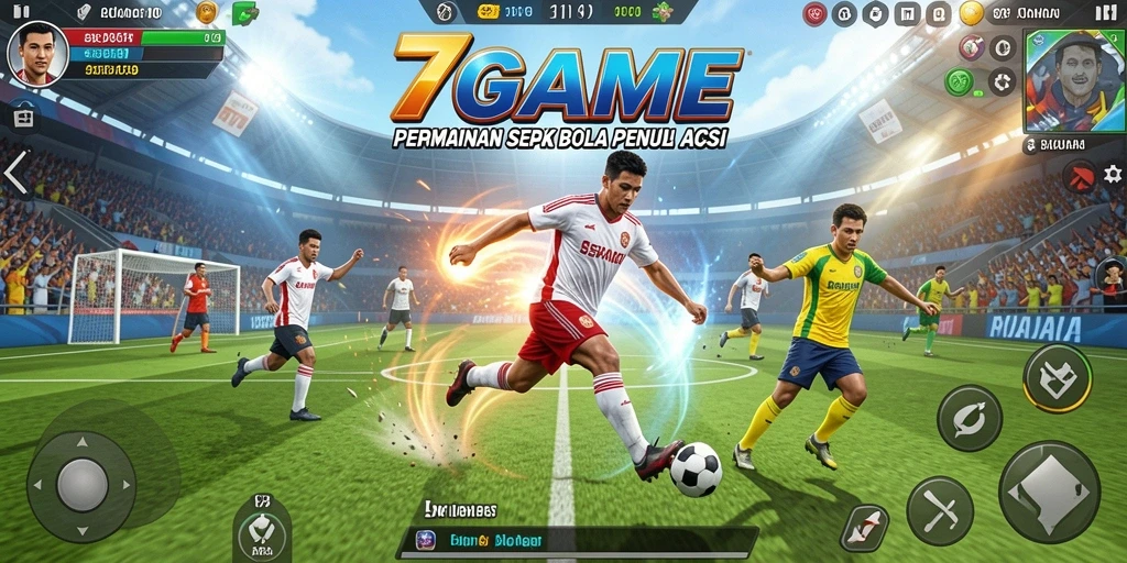 Screenshot utama 7GAME menampilkan aksi seru di lapangan sepak bola.