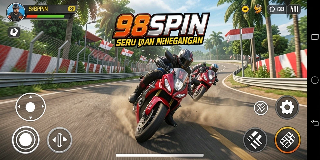 Screenshot gameplay 98SPIN menampilkan aksi balapan motor yang mendebarkan.