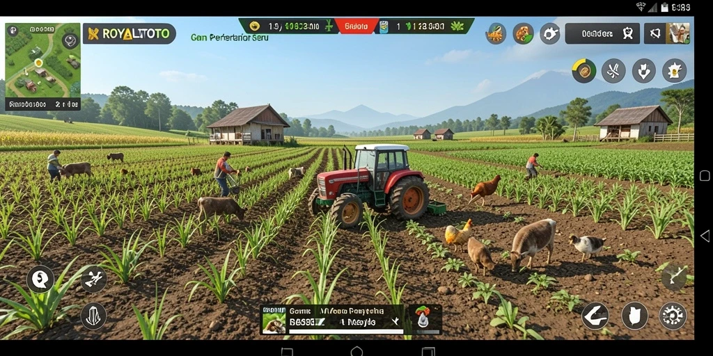 Tampilan gameplay <strong>ROYALTOTO</strong> yang menggambarkan aktivitas pertanian yang menyenangkan.