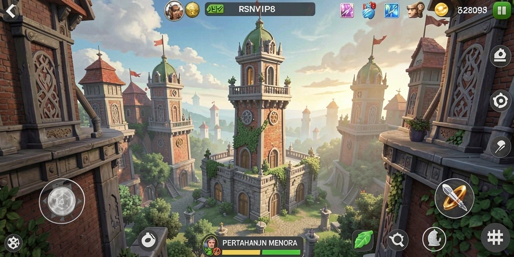 Tampilan gameplay memukau dengan strategi menara yang intens.
